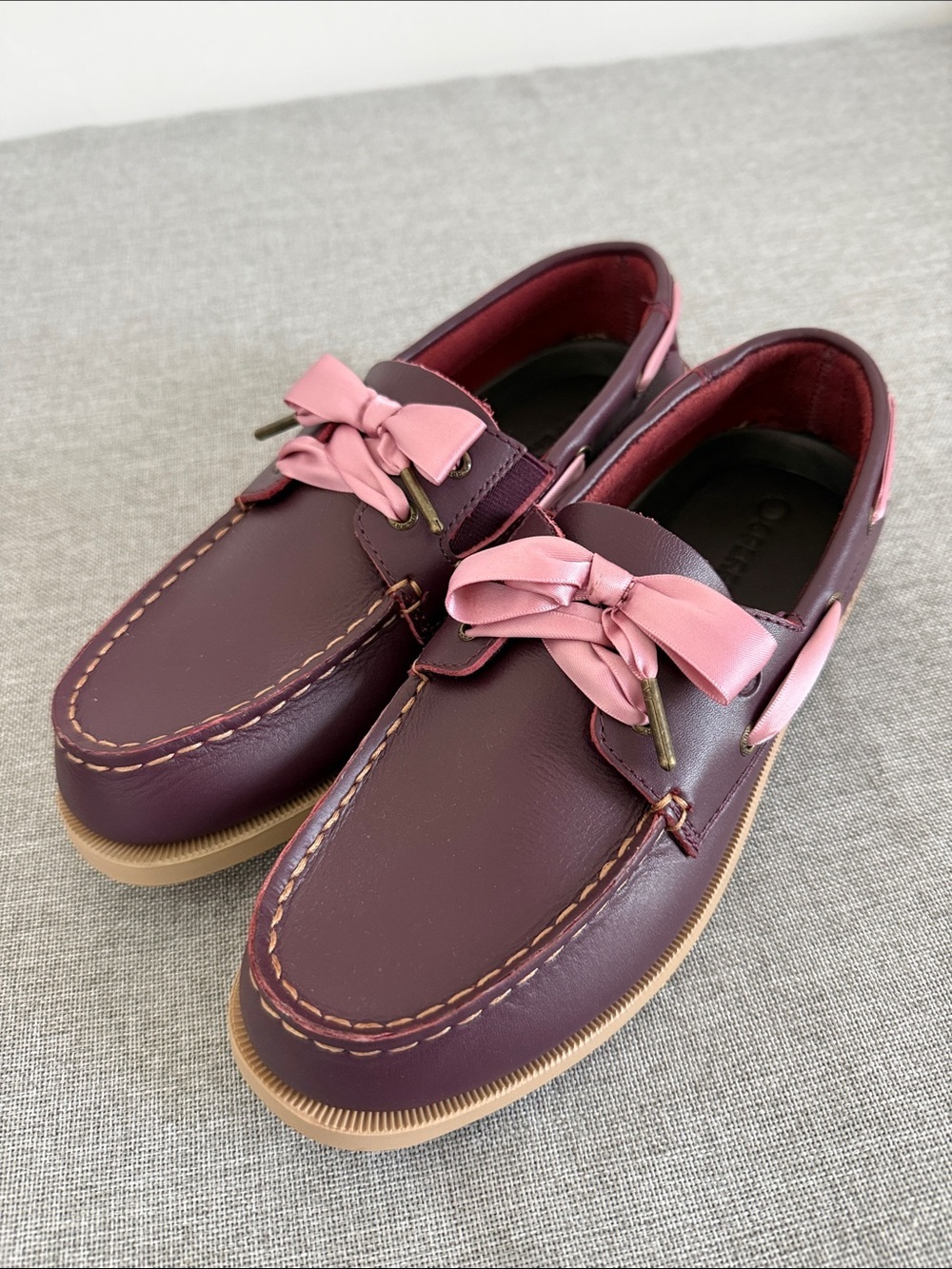 Sperry Burgundy Leather Boat Shoes with Pink Ribbon Detail